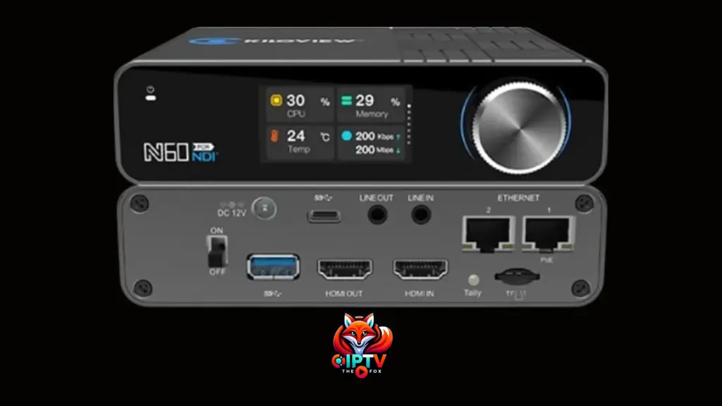 Kiloview N60 Bi-Directional Encoder and Decoder – Professional IPTV streaming device with HDMI input/output, dual Ethernet ports, and NDI support.