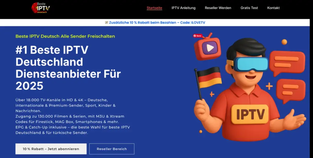 BESTE IPTV Deutsch homepage banner – Best IPTV Germany provider 2025 with 18,000+ HD & 4K channels, Turkish and international sports, and M3U support