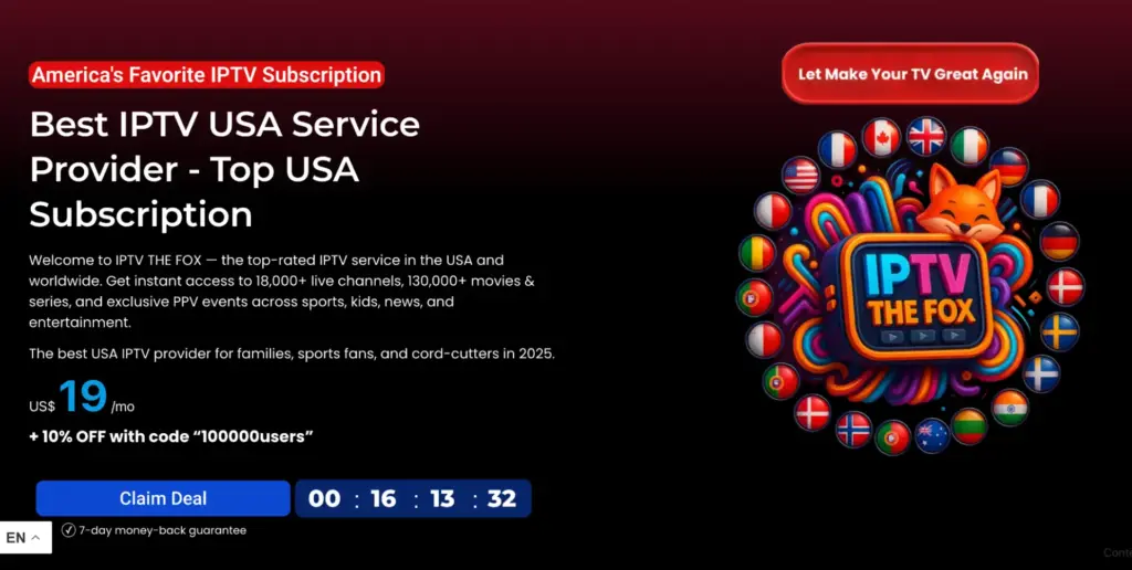 IPTV THE FOX homepage banner – Best IPTV USA subscription for 2025 with 18,000+ live TV channels, 130,000+ VOD, sports, and PPV events
