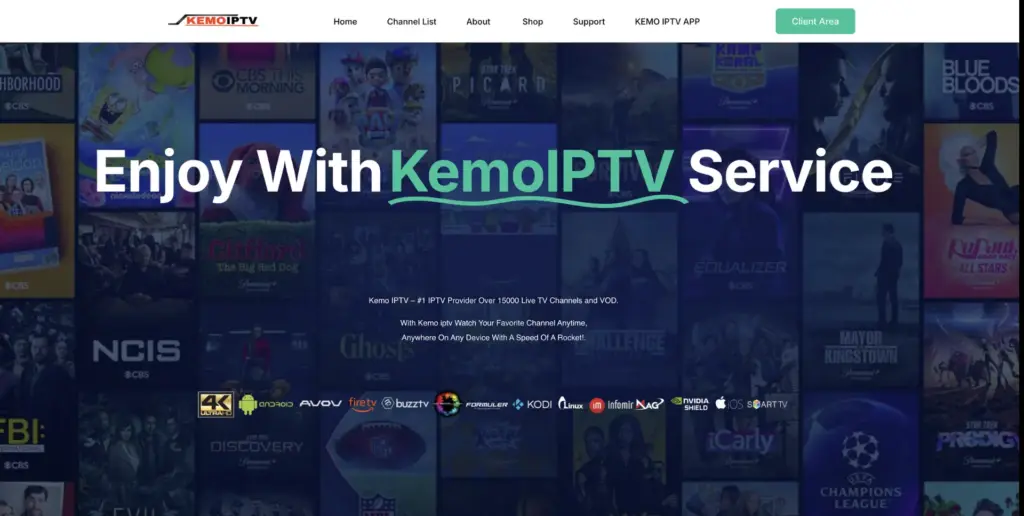 Kemo IPTV homepage banner – Global IPTV service with 15,000+ live channels, VOD, and 4K streaming for FireStick, Android, Smart TV, and more